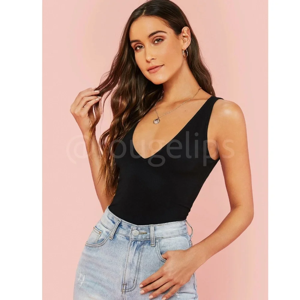 Casual Black Deep V Neck Tank Top V-Back - Picture 2 of 6